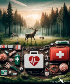 "Forest background with first aid essentials for hunters, highlighting emergency preparedness in nature."