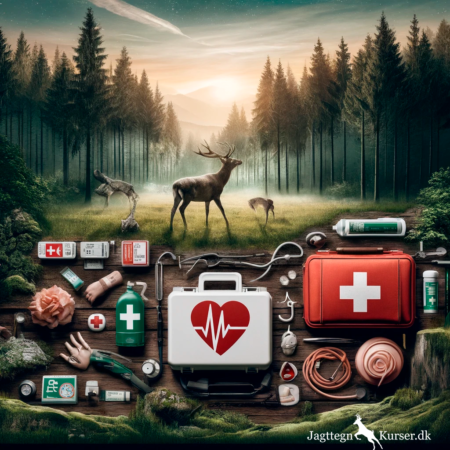"Forest background with first aid essentials for hunters, highlighting emergency preparedness in nature."